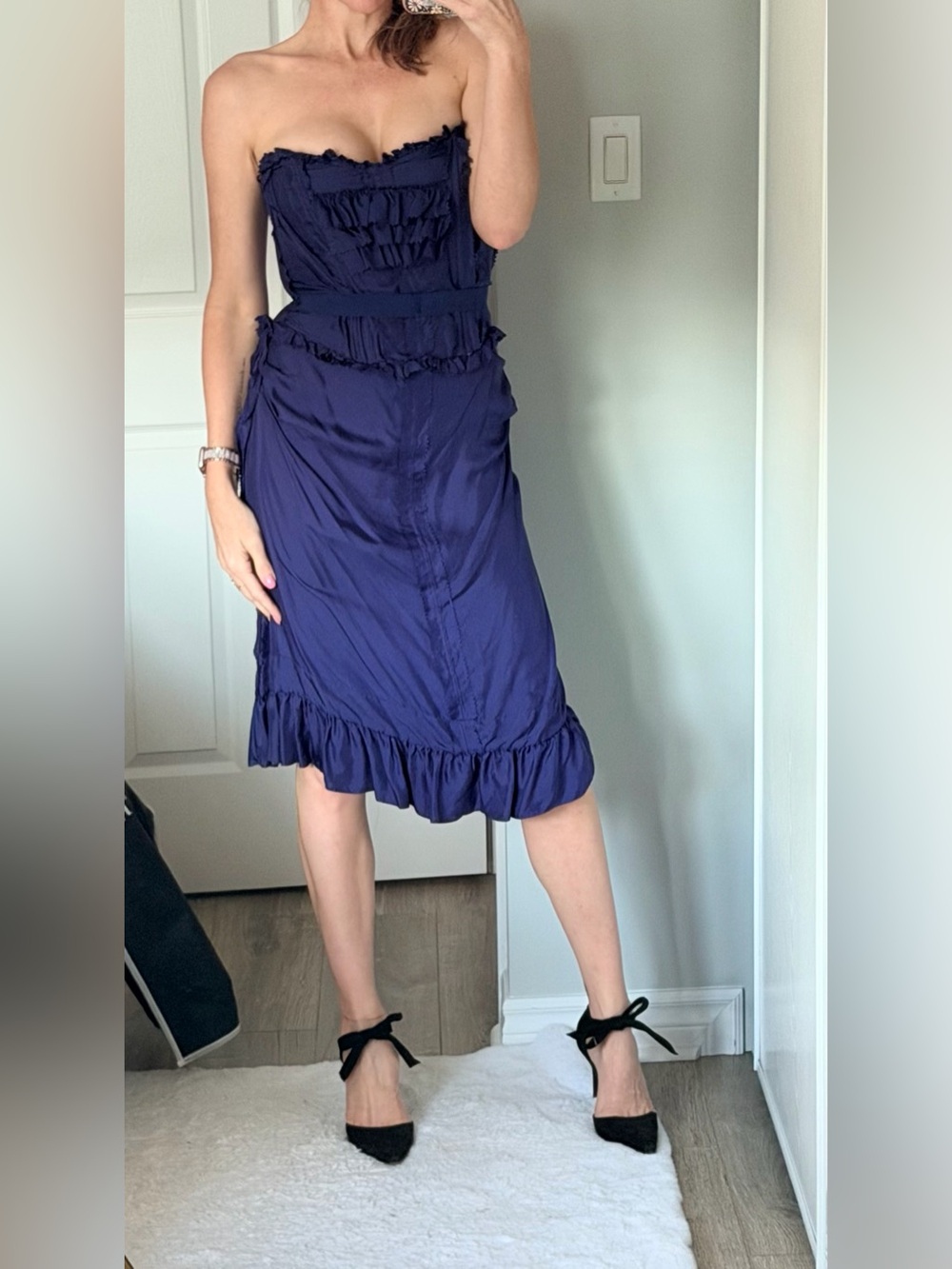 Moschino Strapless Navy Ruffle Midi dress